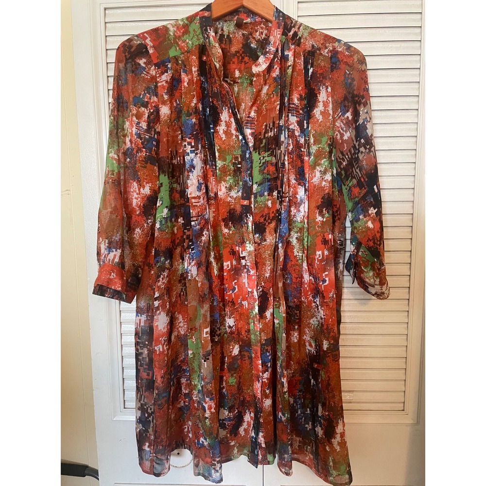 KUT from the Kloth Abstract Pixelated Print Chiffon Tunic Dress Orange Green 8